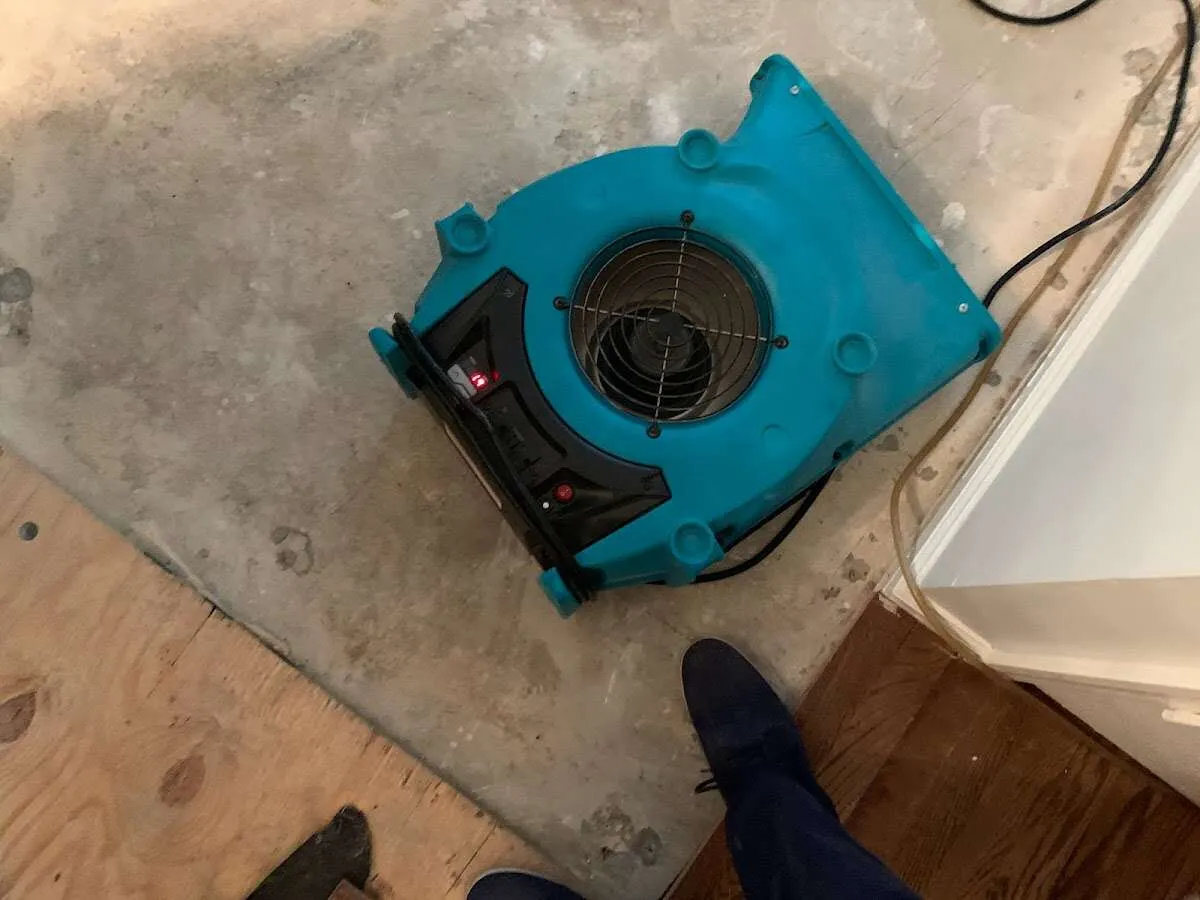 Air mover drying subfloor during Leak Detection & Repair in Heartland